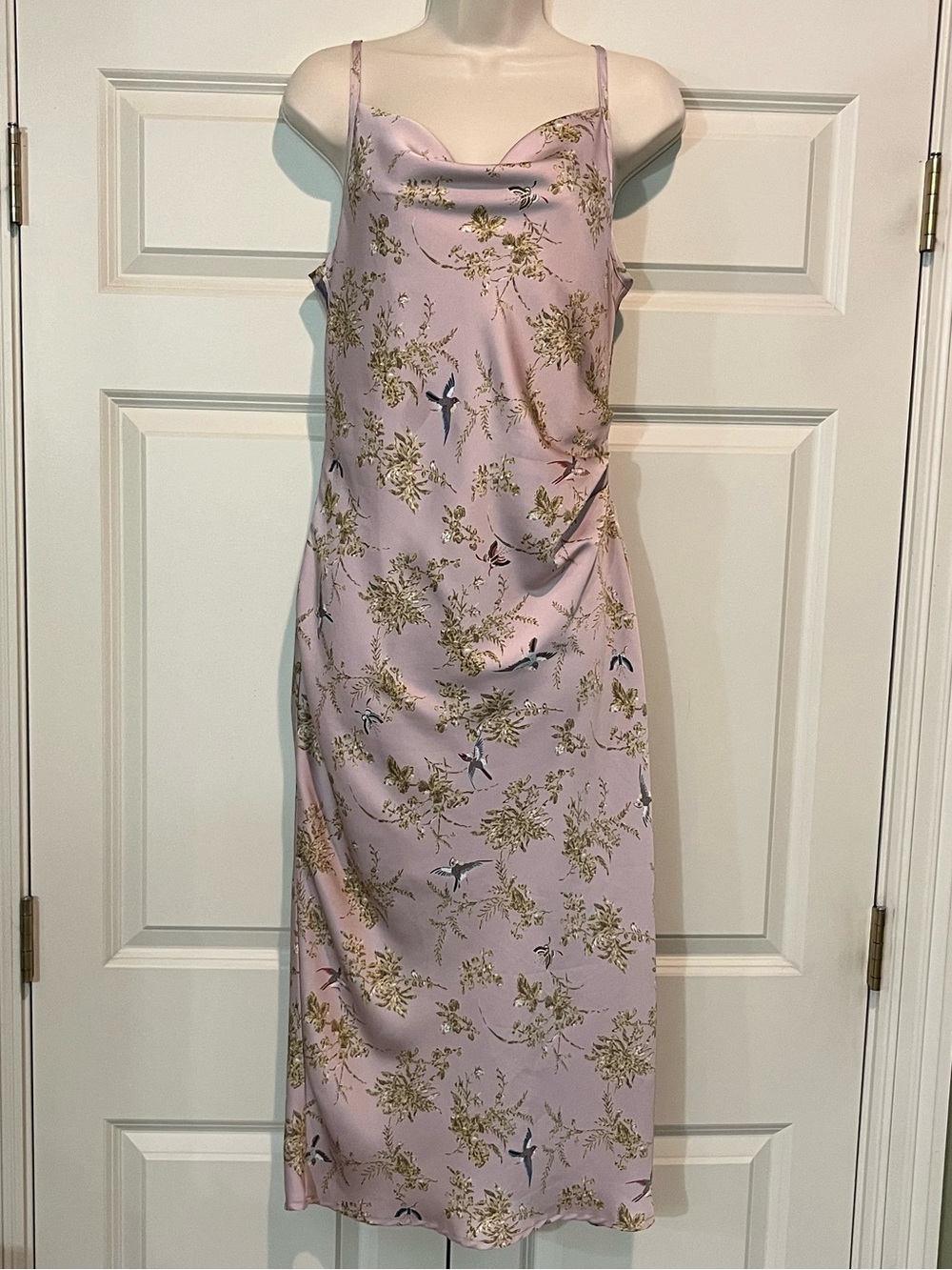 Pink Slip Midi Dress with Side Ruching ,Botanical & Bird Print